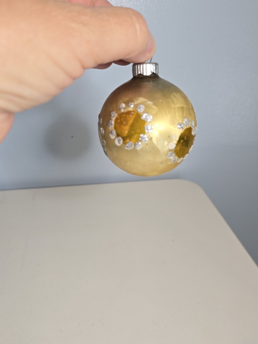 Vtg Shiny Brite Gold Silver Glitter Floral Pattern Glass Christmas Ornament